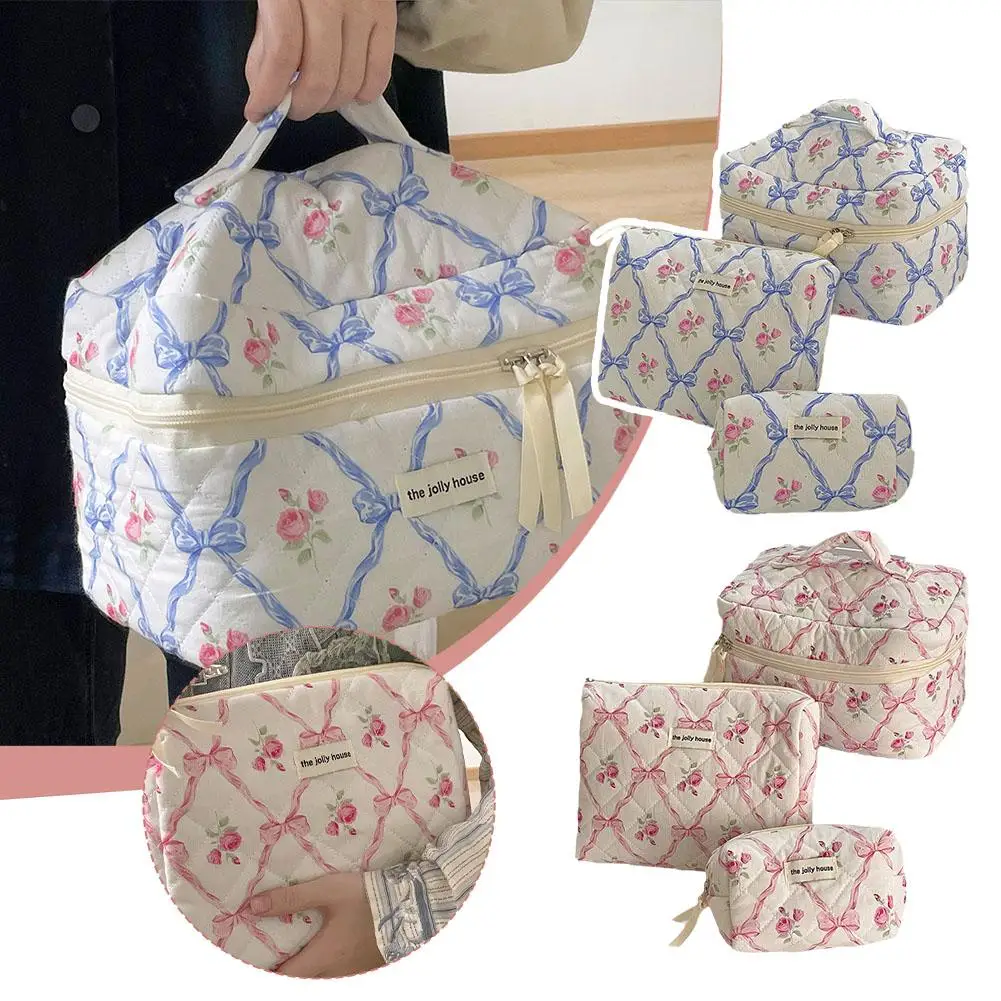 Cute Bow Flower Cloth Handbag Quilting Cotton Makeup Bag Women Zipper Cosmetic Organizer custodia da toilette portatile per ragazze