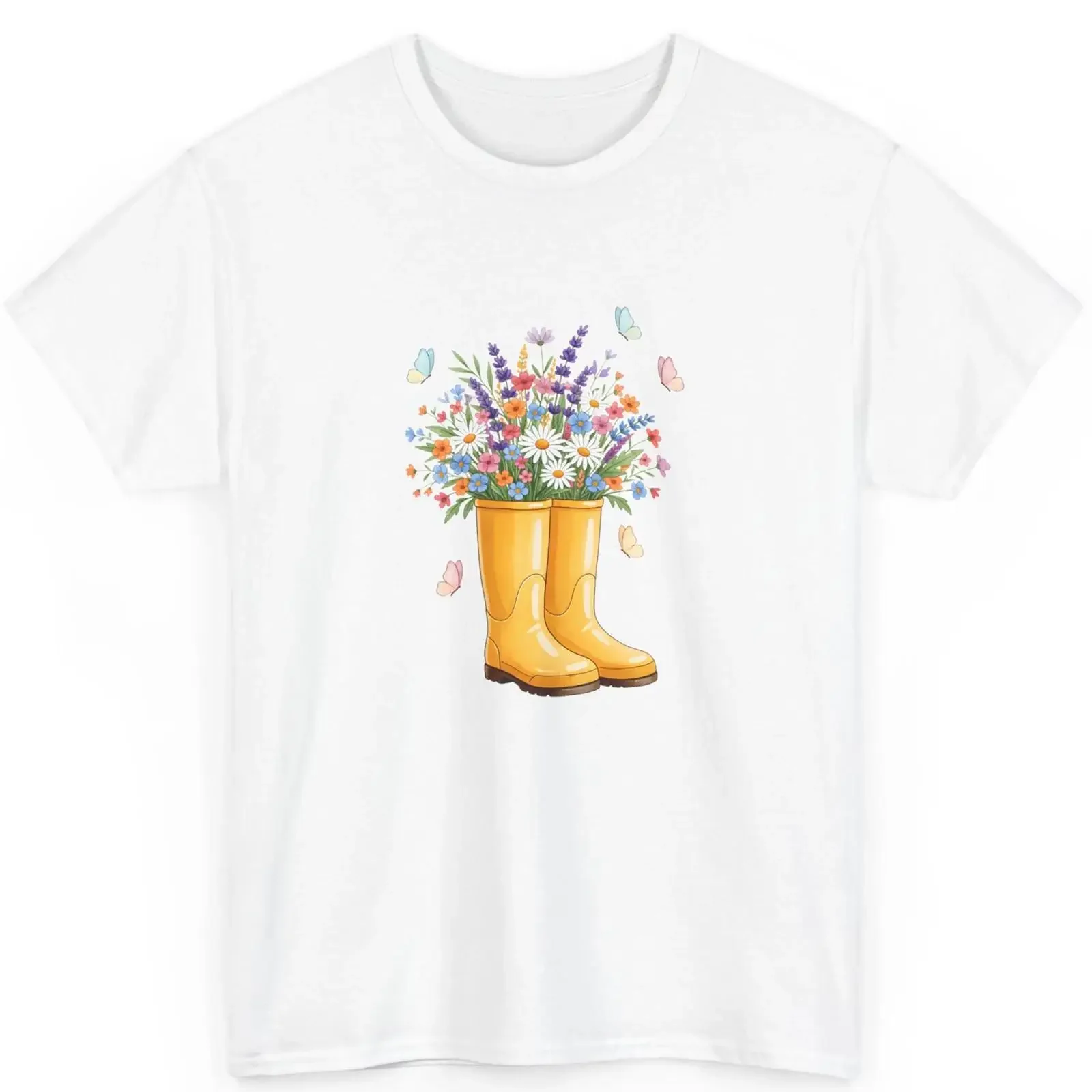 Camiseta Blumen Regen Stiefel con estampado de flores silvestres y mariposas, de algodón blanco, estilo vintage, lavada, elástica, informal y transpirable.