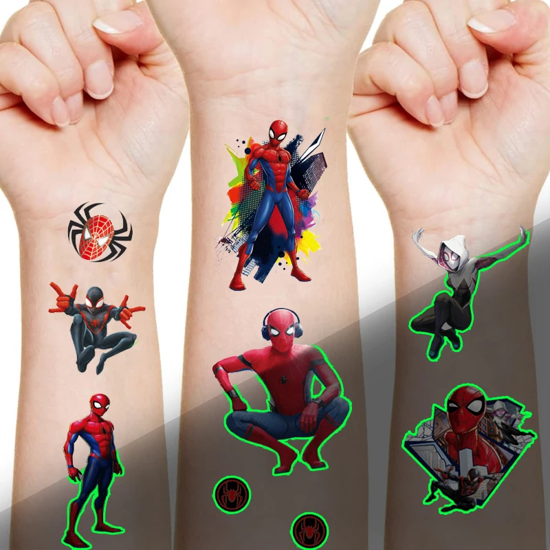 Spiderman Luminous Tattoos for Kids Superhero Styles Temporary Tattoos Stickers Boys Girl Glow Party Supplies Gifts for Children