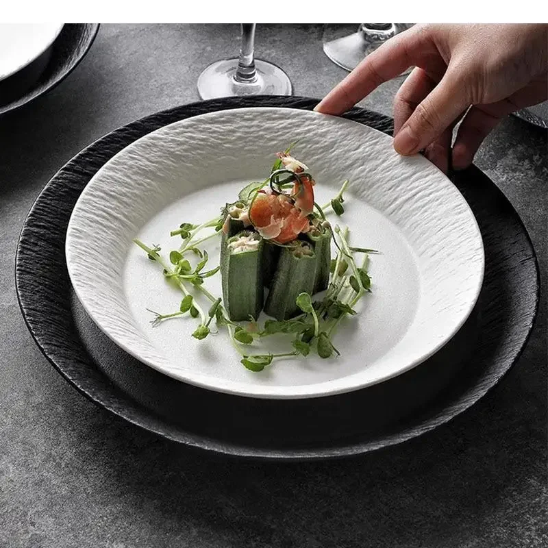 Solid Color Rock Texture Ceramic Deep Plate Restaurant Thick Soup Salad Pasta Plates Specialty Tableware