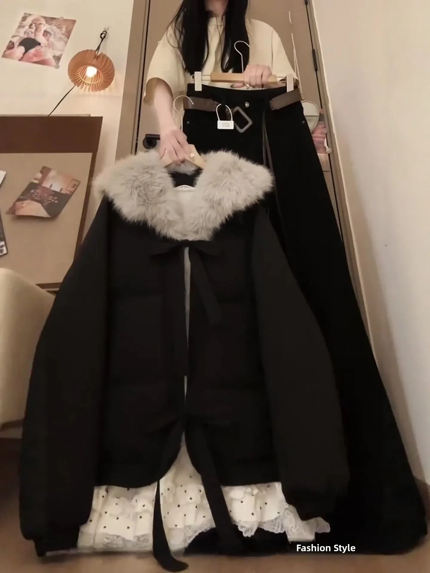 

Winter Faion plus Size Women's Bla Cotton Jaet Flared Pants Korean Sle Unique Tee Piece Set Warm Casual Wear