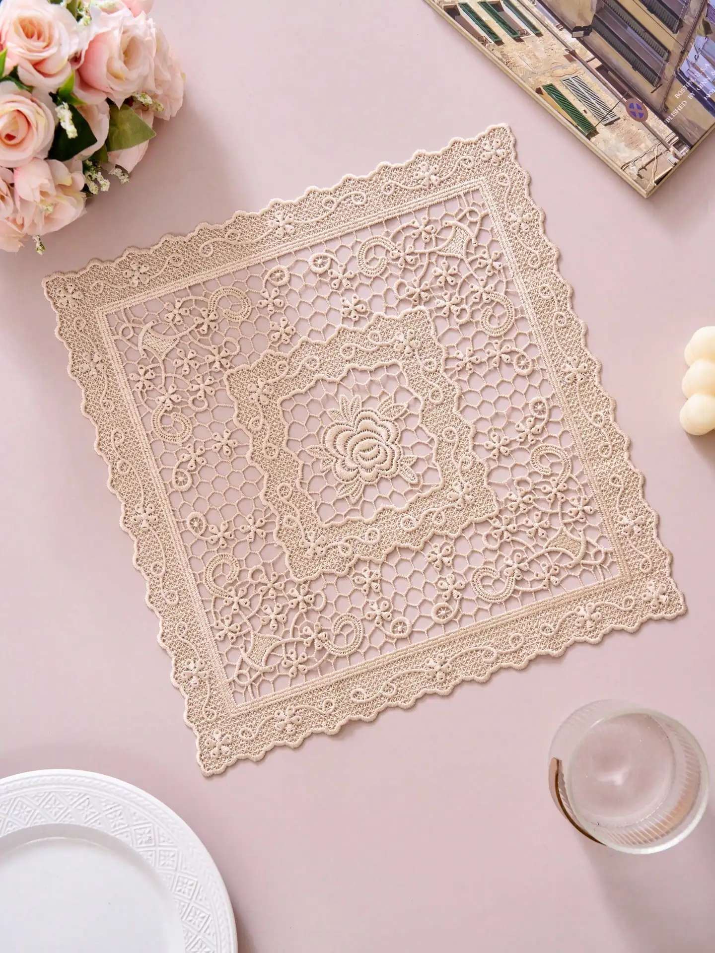 1/2/4/6pcs Bohemian Style Square Placemats, Solid Color & Floral Embroidered, Non-Slip Coasters For Dining Table, Kitchen,