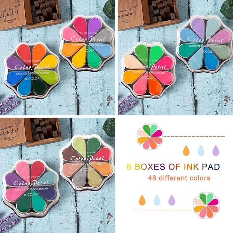 48 Colors Craft Ink Pads, 6 Packs Washable Finger Ink Pads For Paper Wood Fabric Pigment Stamping, Flower Petal