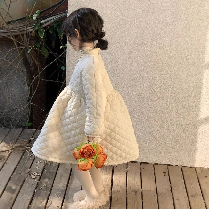 Girls Dress 2025 Winter New Item Cotton Padded Thick Korean Version Western Style Sweet and Elegant Princess Dress