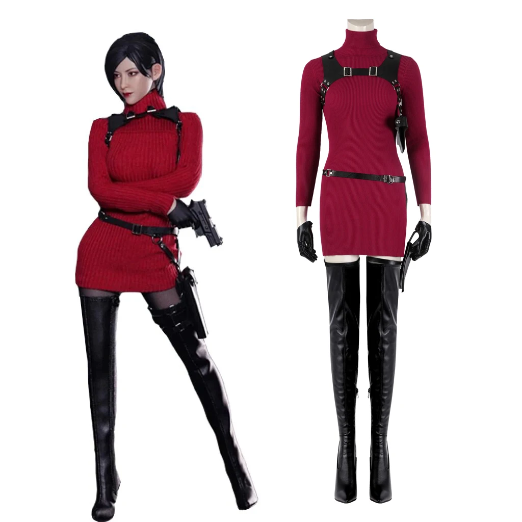 

Ada Wong Cosplay Costume Red Long Sleeves Dress Gloves Set for Women Outfits Halloween Carnival Disguise Suit for Adult Women