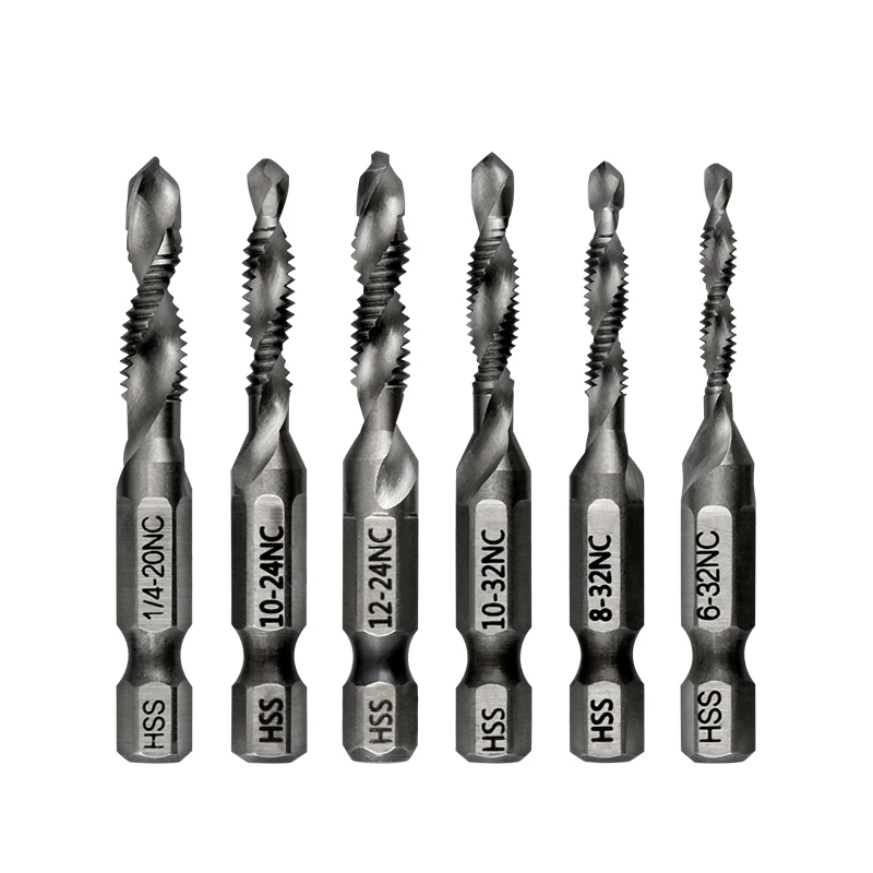 Alta calidad, 6 piezas, vástago hexagonal, tornillo HSS, punta en espiral, rosca, enchufe americano, brocas de mano 6-32/8-32/10-24/10-32/12-24,1/4-20