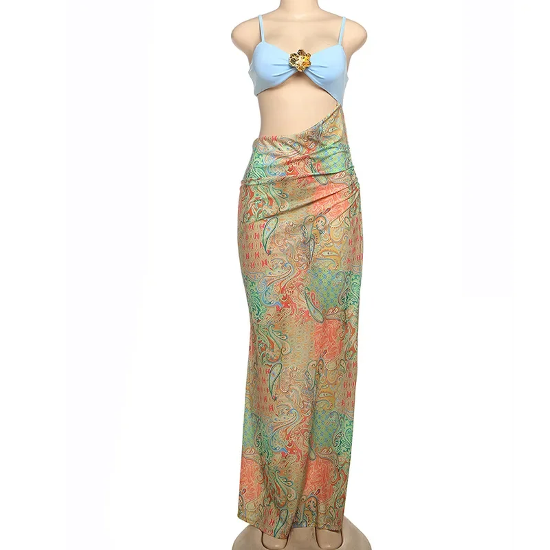 Paisley Print Patchwork Camisole Maxi Dress 2025 New Women Gold Metal Flower Spaghetti Straps Backless Holiday Beach Long Robe