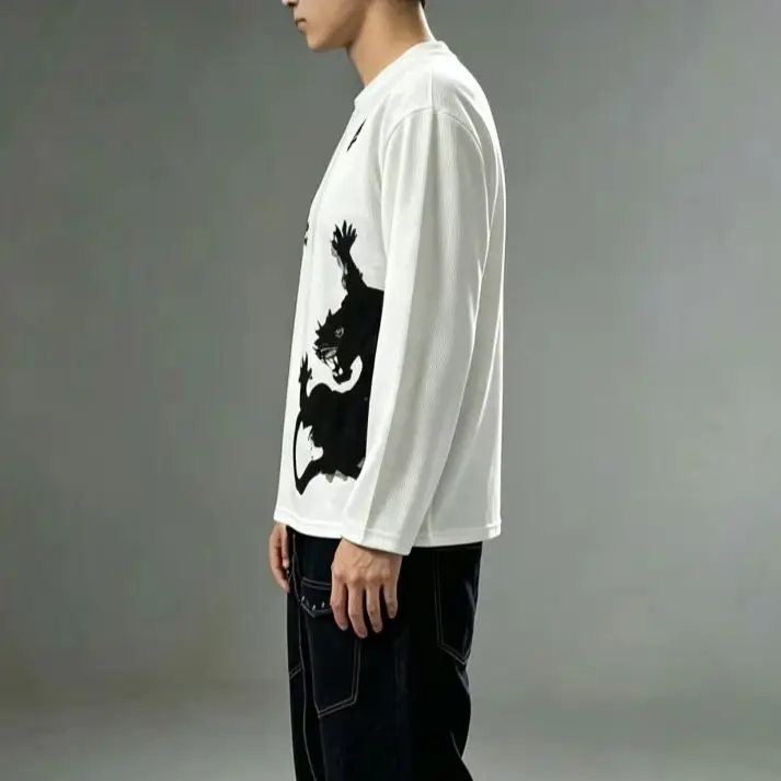New Autumn Punk Subculture Black Panther Skull Printed Waffle Long Sleeve Top for Street Casual Versatile and Small Market Ins