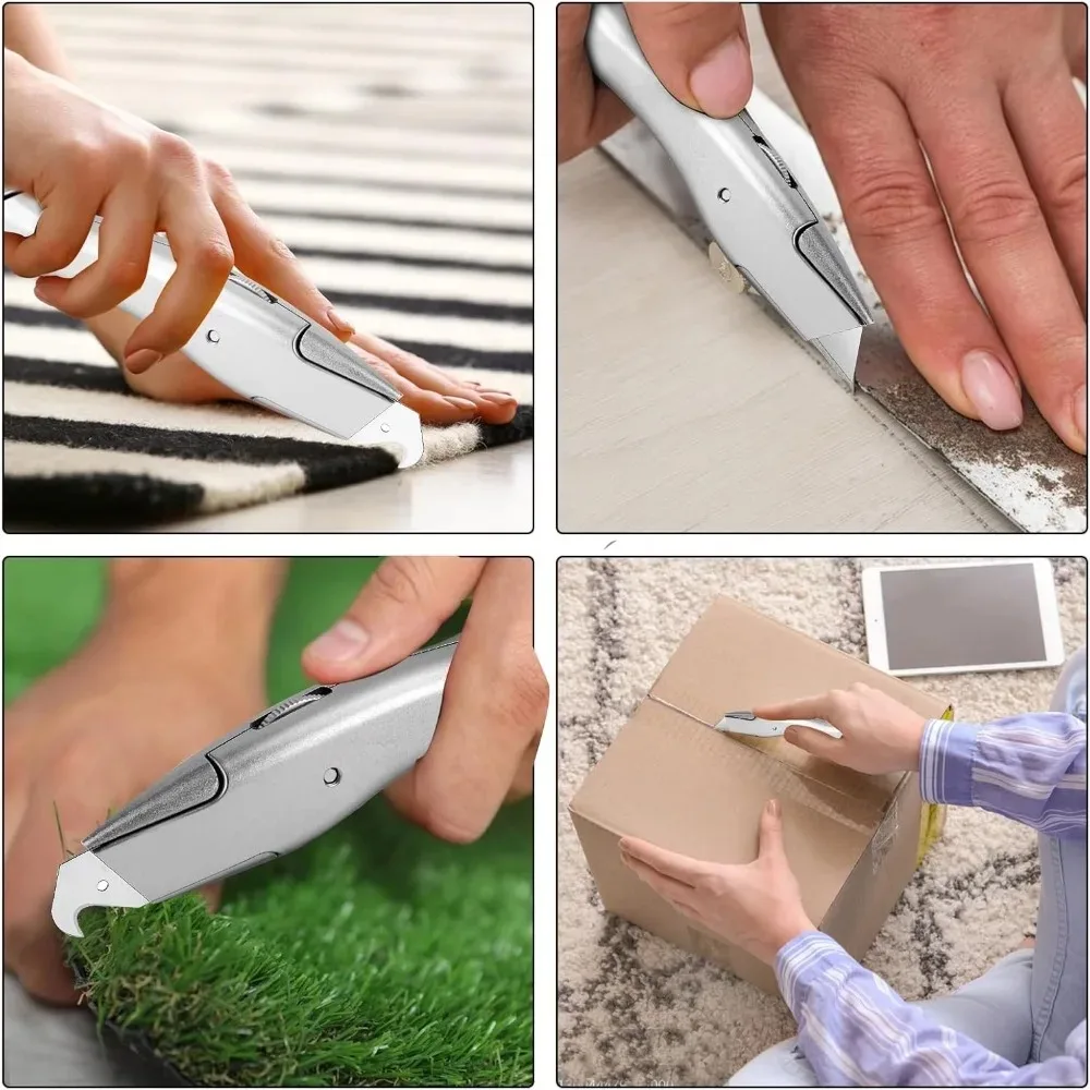 Afbeelding 8: Universeel mes met 4 messen (2 trapeziumvormig + 2 haakvormig), multifunctionele tapijtsnijder voor karton, gipsplaten, vinylvloeren en leer – ideaal voor woningrenovatie, vloerinstallatie en doe-het-zelf snijwerkzaamheden in de werkplaats