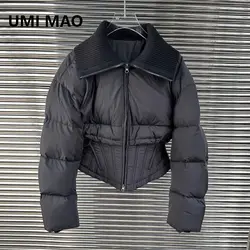 UMI MAO Winter Jacket New Down Coat Design Sense Splicing Fishbone Waist Woolen Woven Lapel Zipper 90 White Duck Down Jacket