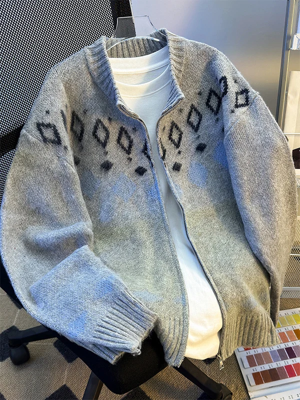 

Мужской вязаный кардиган на молнии, повседневный, модный, спортивный, свободный крой, молодежный, из полиэфирного волокна, винтажный стиль, длинный рукав, теплый