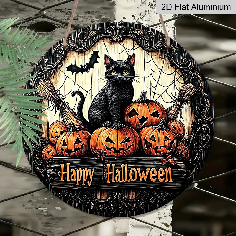 CIFBUY Gothic Style 2D Flat Aluminum Wall Art Waterproof Wear Resistant Black Cat Halloween Wreath Decor for Porch Door Window I