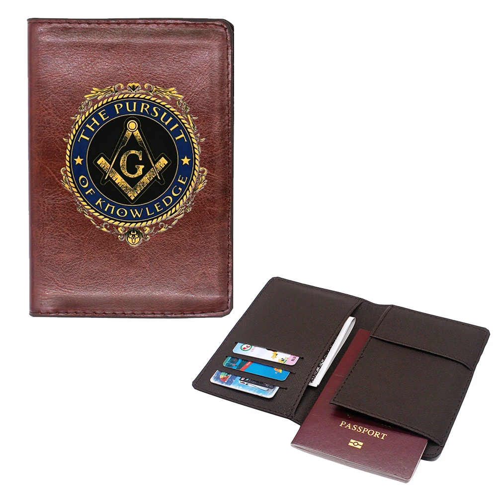 Vintage Masonic Symbols design Passport Cover Men Women Leather Slim ID Card Travel Holder Pocket Wallet Purse Money Case