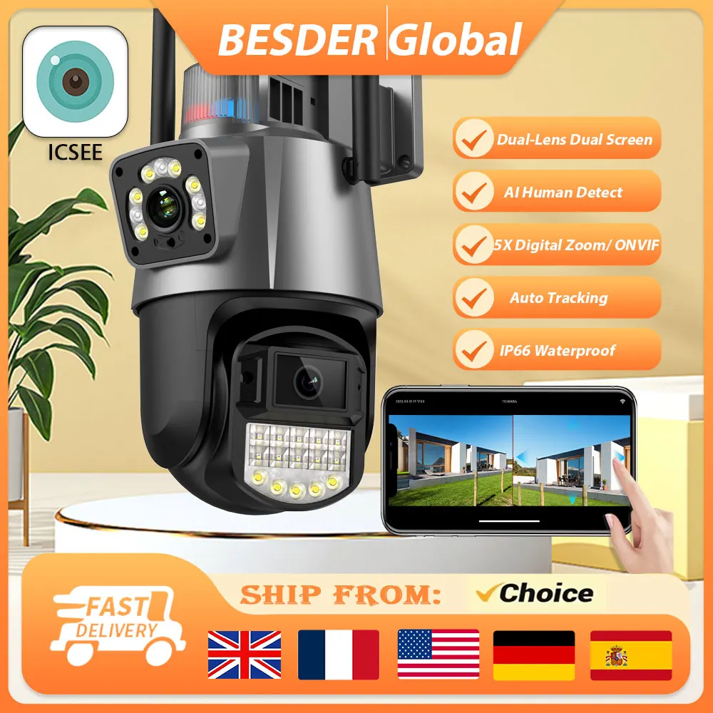 8MP 4K Wifi Camera Dual Lens Security Protection Waterproof Security CCTV Video Surveillance Camera Police Light Alarm IP Camera