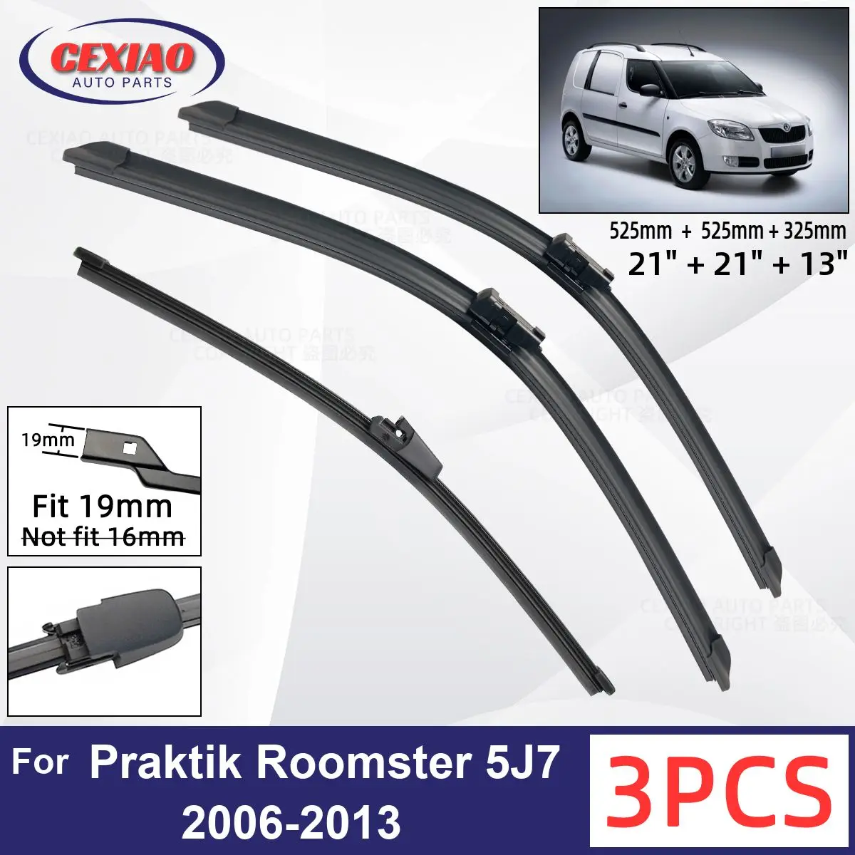 

For Skoda Praktik Roomster 5J7 2006 - 2013 Car Front Rear Wiper Blades Soft Rubber Windscreen Wipers Auto Windshield 21"+21"+13"