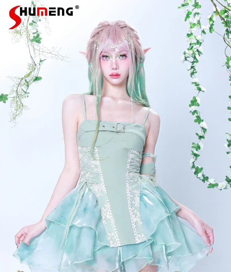 

Origina Girl Sweet Women Dresses Ruffles Spaghetti Sleeveless Sashes Green Princess Slip Dress Vestidos Summer Women Clothing