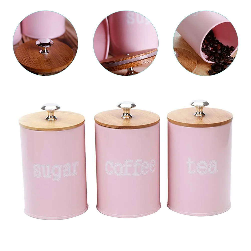 

3Pcs Food Storage Jars Pink Airtight Bamboo Lids Kitchen Canister Tea Coffee Candy Container Decorative Grain Holder