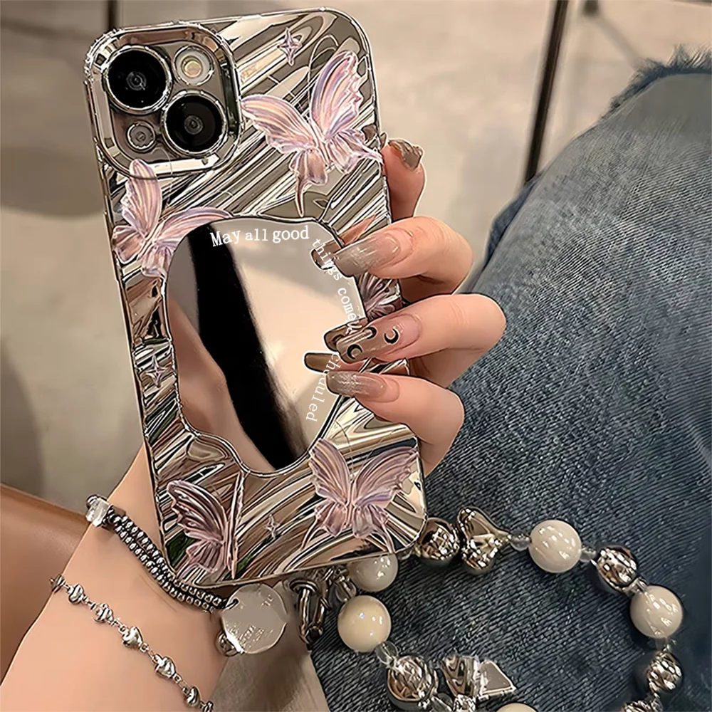 Cute Butterfly Mirror Wrist Chain Phone Case for iPhone 16 Pro Max 15 14 13 12 11 Pro Pearl Bracelet Make Up Wave Plating Cover