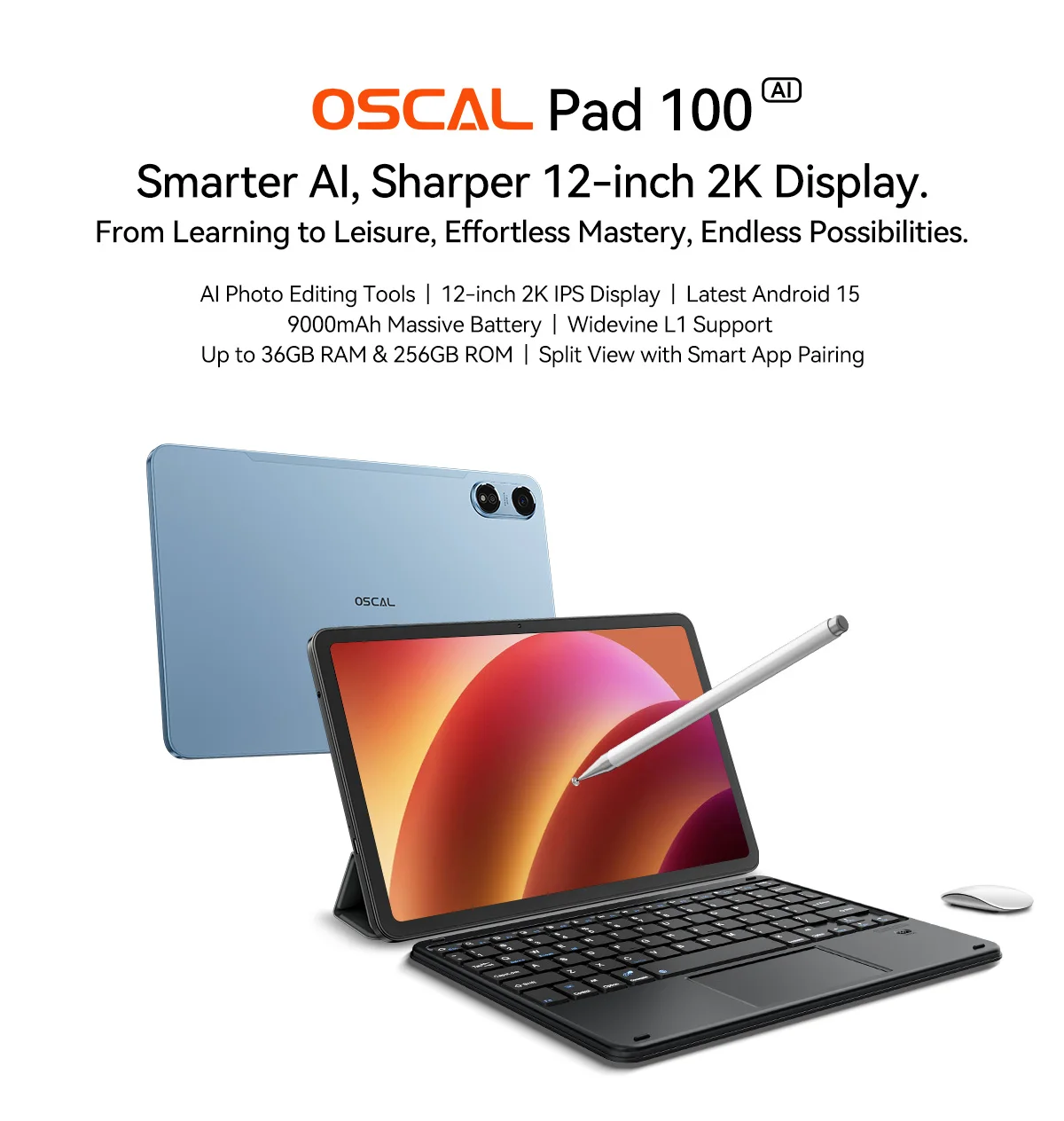 Blackview OSCAL PAD 100 Tablet PC 12'' 2K FHD+ IPS Tablet Android 15 Unisoc T615 36GB(12+24) RAM 256GB ROM 4G LTE 9000mAh GPS