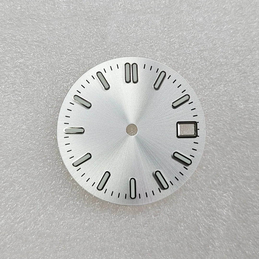 Esfera de reloj de 28,5mm con textura Sunburst, caras de reloj con calendario de fecha única, accesorios de reloj luminosos verdes para movimientos NH35/NH36