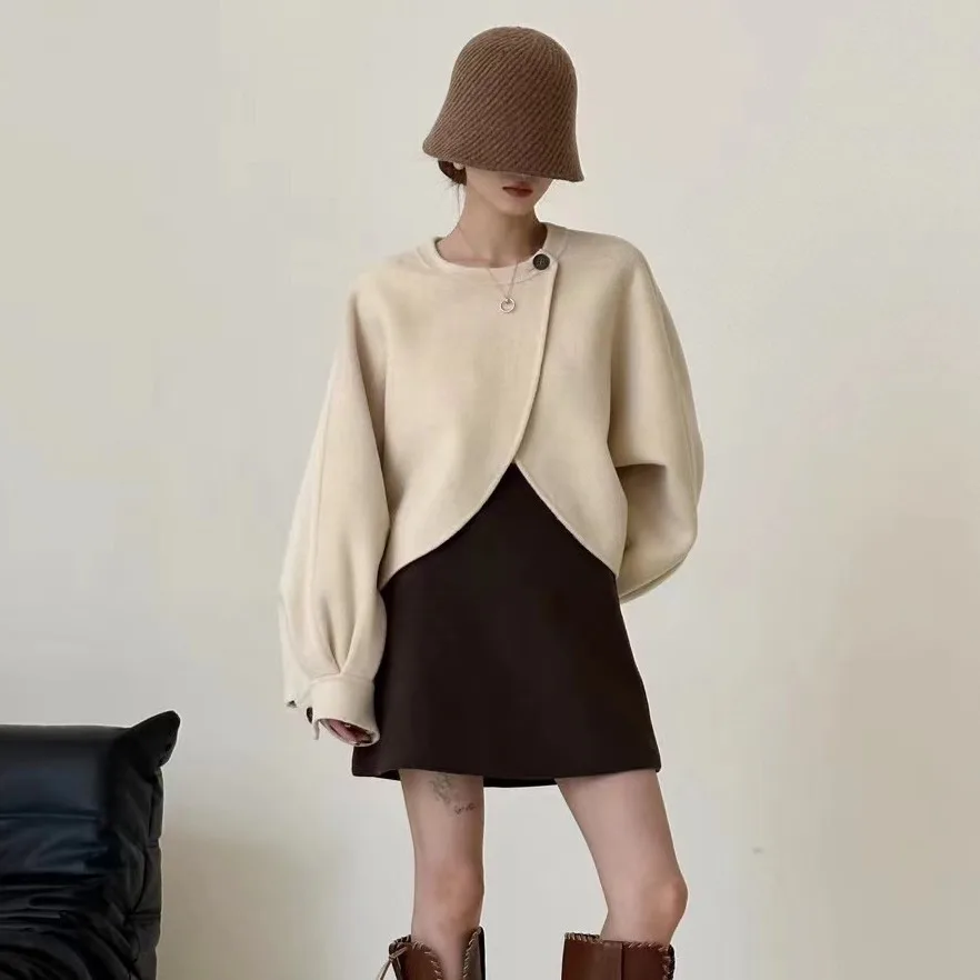 

Double Sided Cashmere Sweater Women's One Button Irregular Design Cape Shawl Cashmere Woolen Jacket