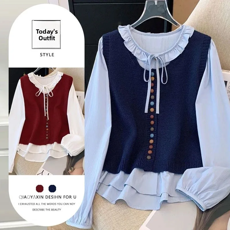 

Ретро-корейский вязаный жилет с радужными пуговицами и пэчворком, с длинными рукавами, женский, молодежный, осенний топ