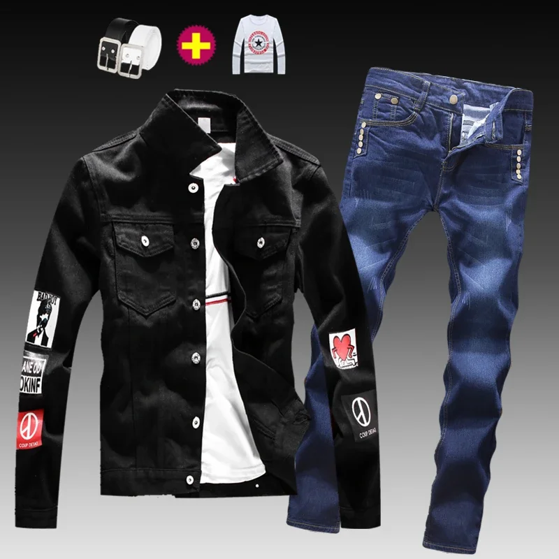 Fashion Mens Washed Denim Jacket Jeans Pants 2pcs Set Appliques Long Sleeve Coat Casual Slim Fit Boys Clothing S-XXXL Autumn