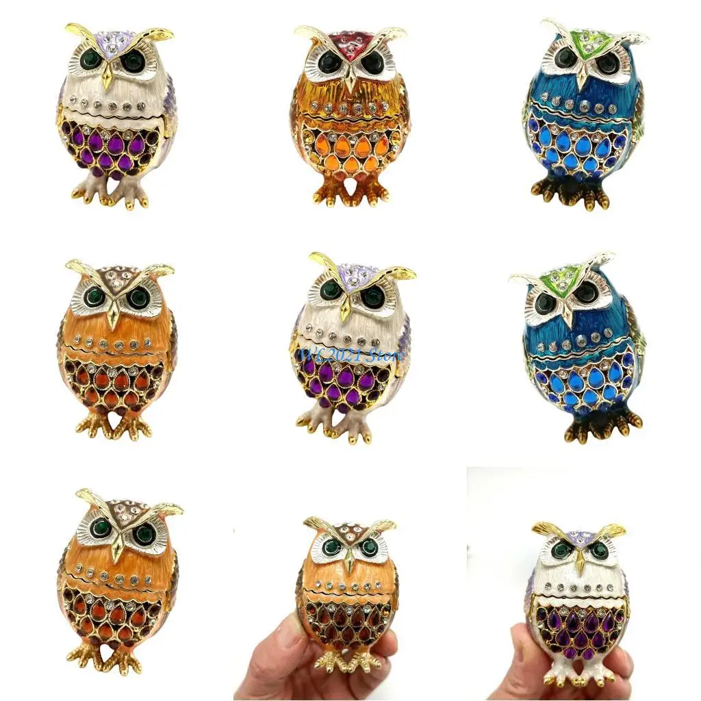 

G5GC Owl Jewelry Case Alloy Box with Compartments Glittering Rhinestones Accent