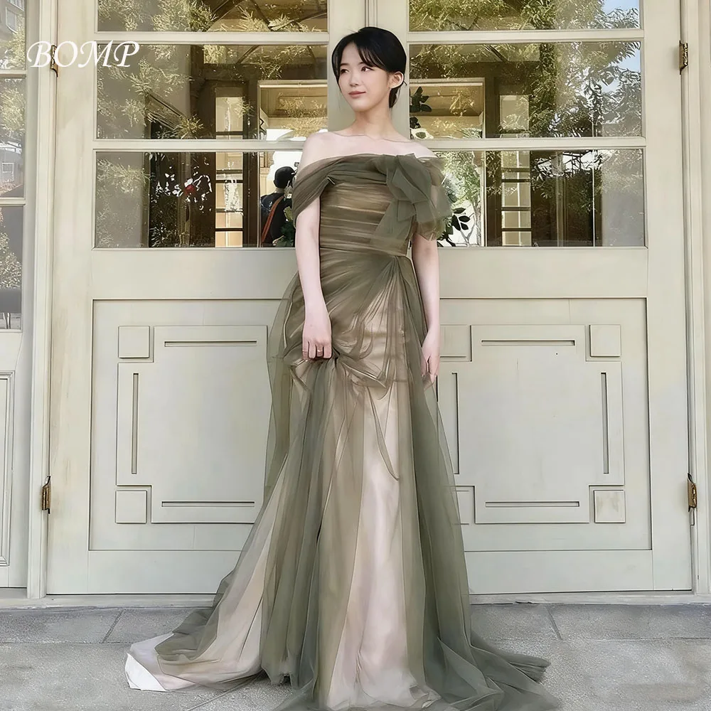 

BOMP Elegant Off Shoulder Korea Wedding Dresses Mermaid Green Tulle Evening Party Dresses Photos Shoot Customized Bridal Gown