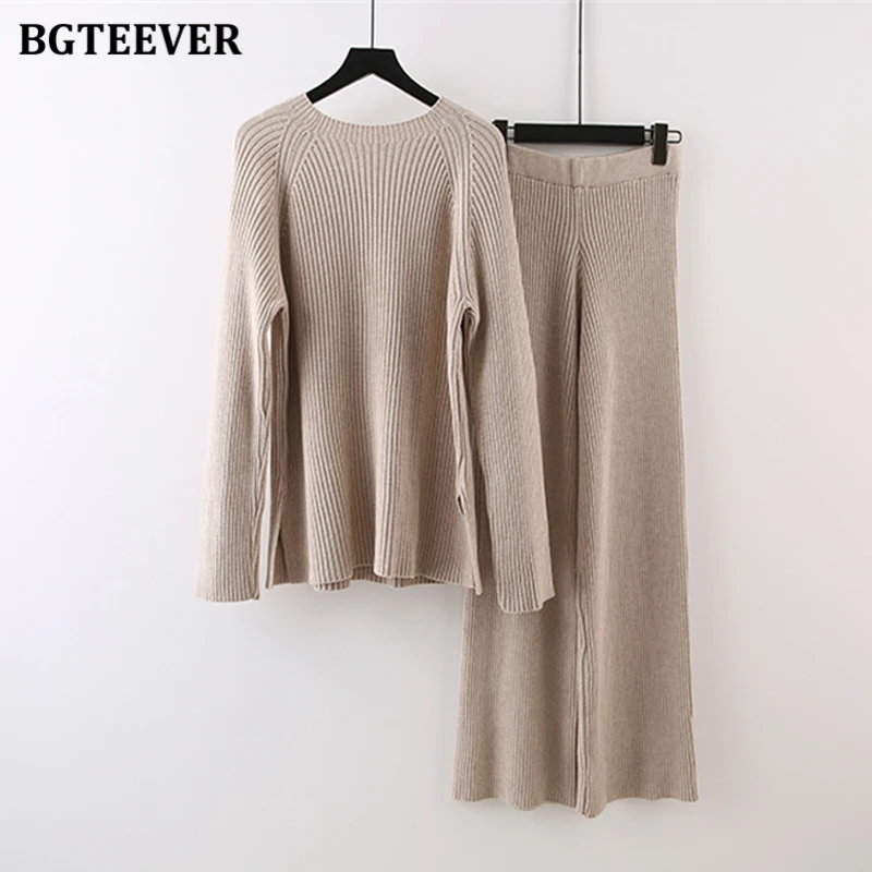 BGTEEVER Women 2 Pieces Sweaters Set Winter O-neck Long Sleeve Knitted Jumpers Female Wide Leg Pants Ladies Knit Tracksuits