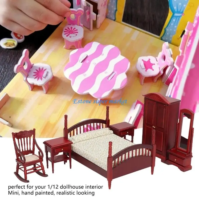 

090B 6Pcs Detailed Dollhouses Bedroom Furniture Miniatures Rocking Chair for Adult Collectors & DIY Enthusiasts