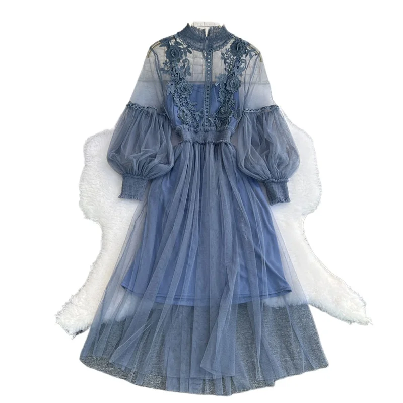 

LISM Three dimensional flower mesh temperament stand collar lantern sleeves high waist slimming suspender two-piece set dress