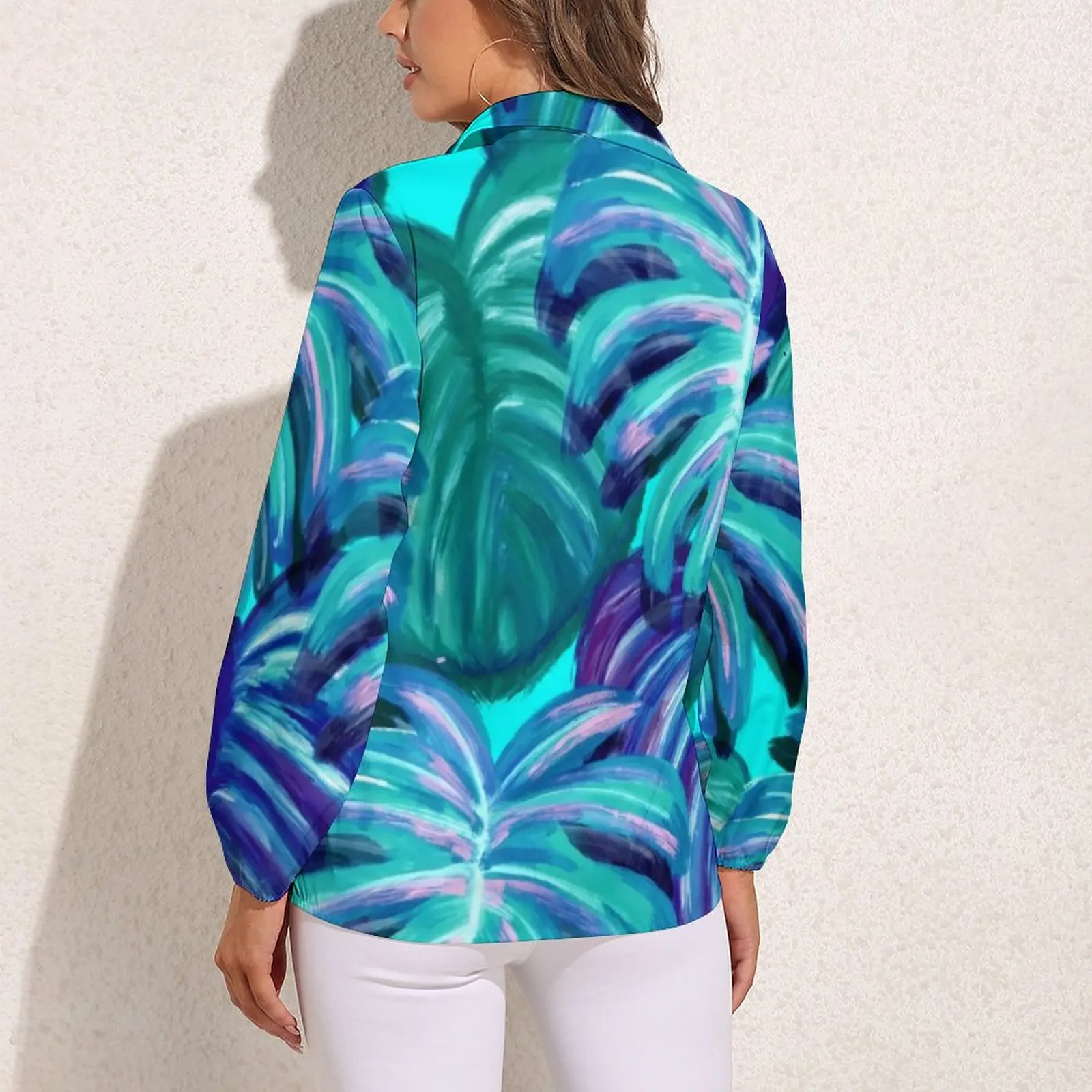 Watercolor Tropical Blouse Long-Sleeve Palm Springs Neon Elegant Blouses Womens Casual Oversized Shirt Design Top Gift