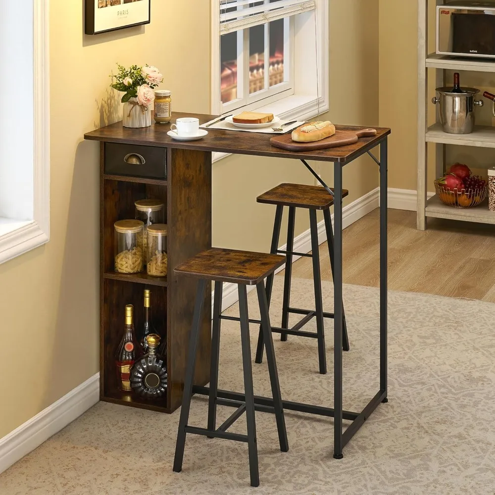 

Small Bar Table and Chairs Set for 2, 3-Piece Bar Table Set with Storage Drawer & Shelf, Space Saving Table for Small Apartment