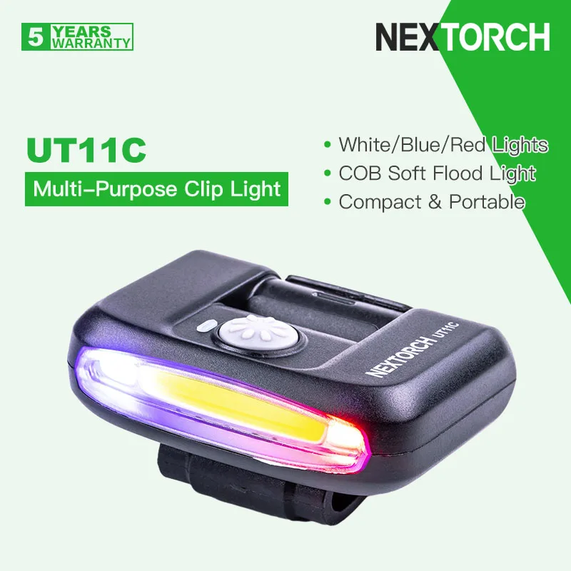 Nextorch UT11C/UT11 segnale ricaricabile/luce a Clip/torcia elettrica, sorgente 3 LED bianca/blu/rossa, luce di inondazione morbida COB, leggera