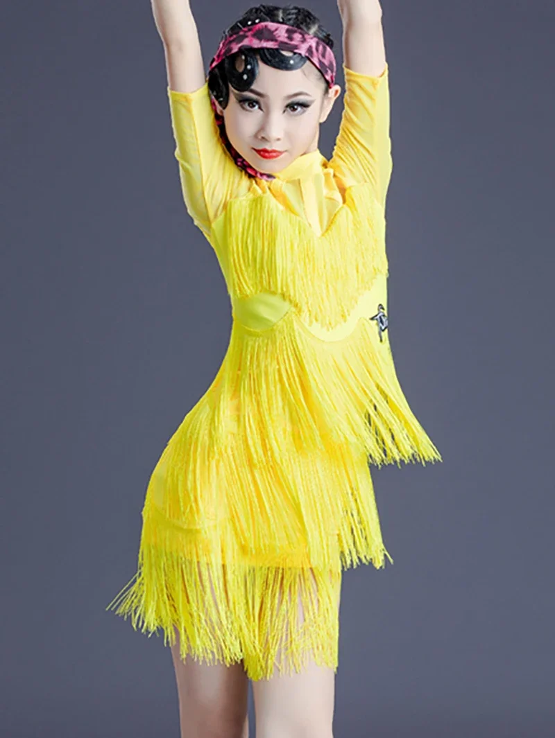 Bambini Ragazze Nappa Catena Maglia Giallo Vestito da ballo latino Abbigliamento per spettacoli teatrali Cha Cha Concorso Bambini Sala da ballo Dancewear