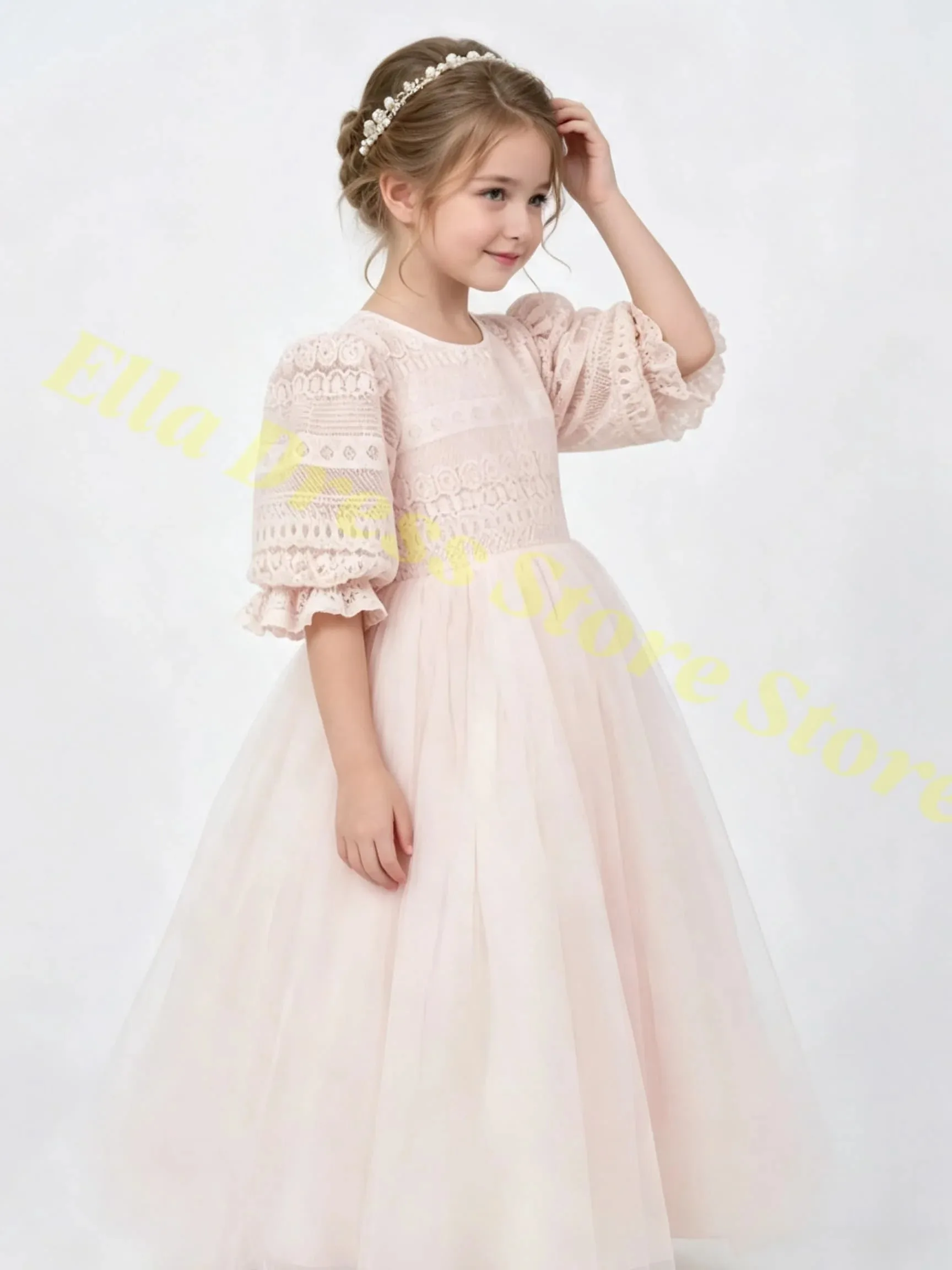 Großhandel Maßgeschneiderte Hochwertige Elegante Blumenmädchenkleider aus Spitze mit Tüll für Hochzeit, Ball, Rüschen, Blumenmuster, Kleider für Kleinkinder Geburtstagsfeiern – Detail 4