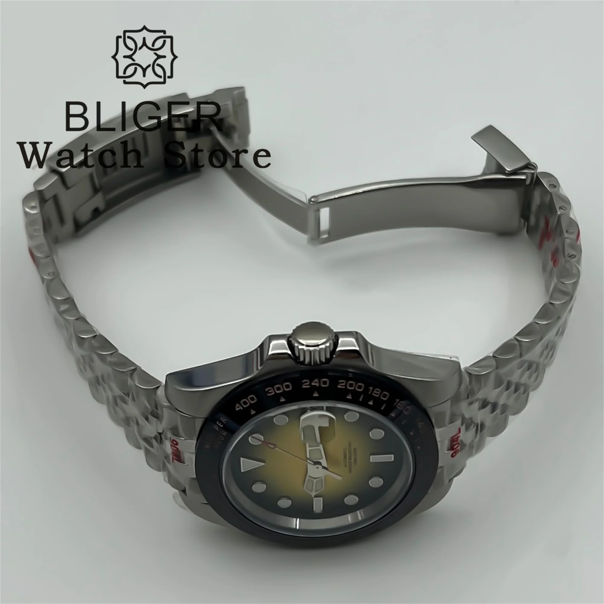 BLIGER 40mm NH35A Automatic Mechanical Diving Watch For Men Ceramic insert Gradient Yellow Dial Sapphire Glass Steel bracelet