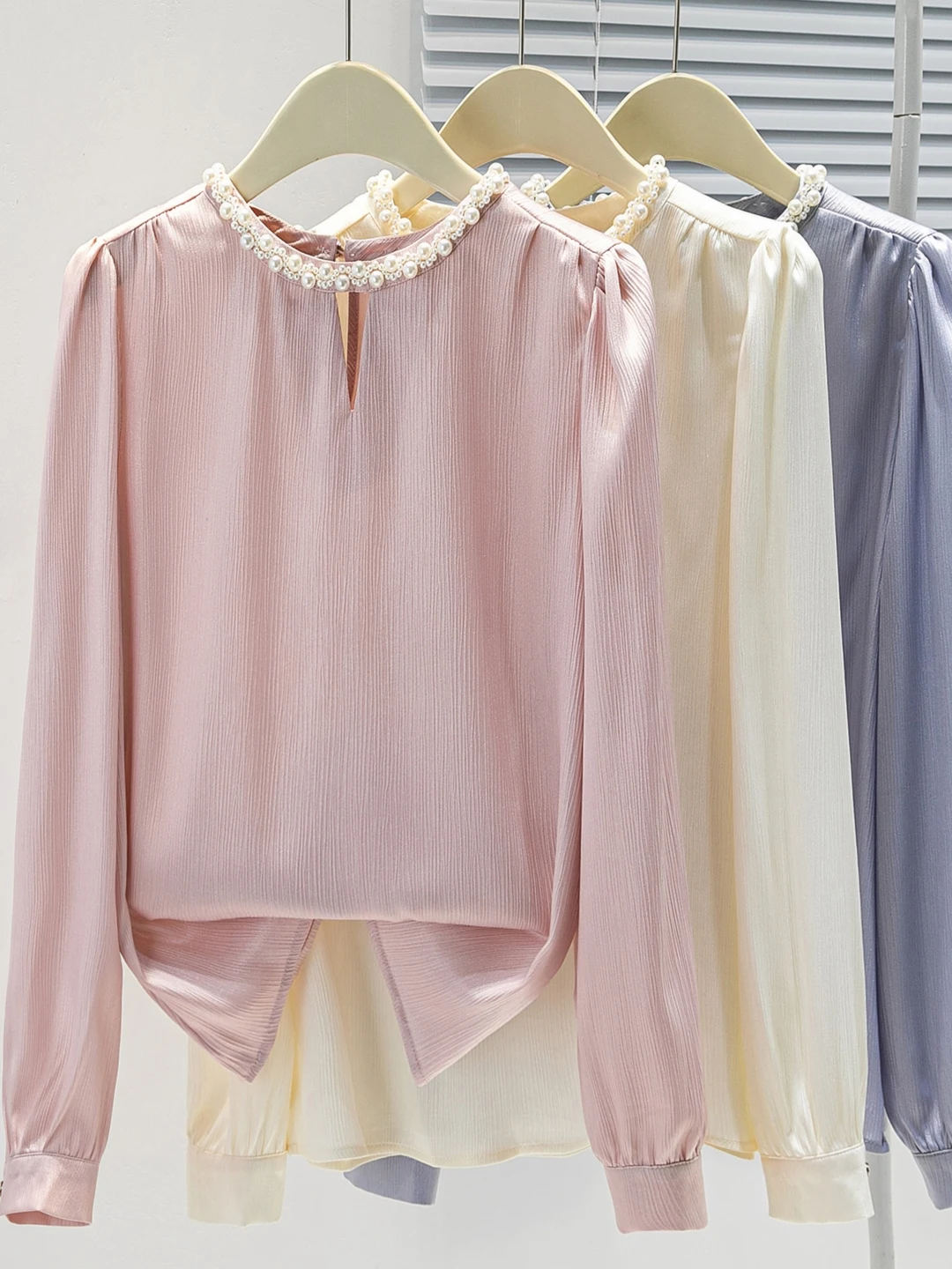 

French Beaded round Neck Satin Long Sleeve Women's Shirt Loose Drapey Commute Acetate Top Pure Color Button down Office Wear