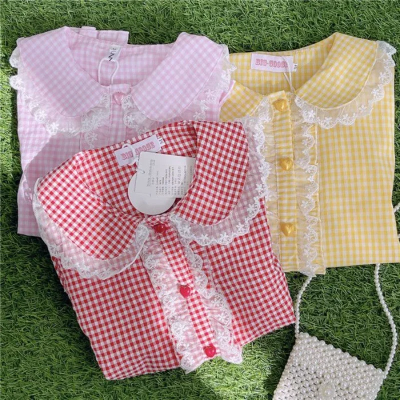 Plaid Shirts Women Kawaii Peter Pan Collar Casual Gentle Summer Girlish Korean Style Loose Daily All-match Fashion Temperament