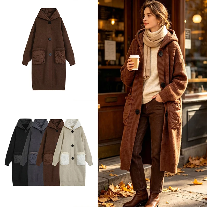 Guobioziy Women's Loose Long Hooded Knit Coat with Mixed Fabric Pockets, Tassel Details, Buttons, Cozy Winter Cardigan
