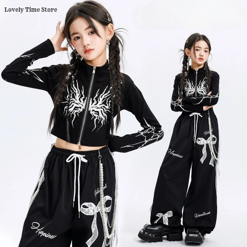 Girls Hip Hop Fashion Crop Jacket Bow Sweat Pants Kids K-pop Street Dance Clothes Sets Children Girl Group Streetwear Costumes