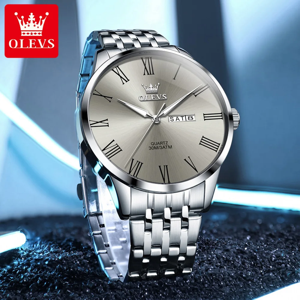 OLEVS-Reloj de pulsera de cuarzo para hombre, cronógrafo de acero inoxidable, resistente al agua, con fecha luminosa, escala romana, Original