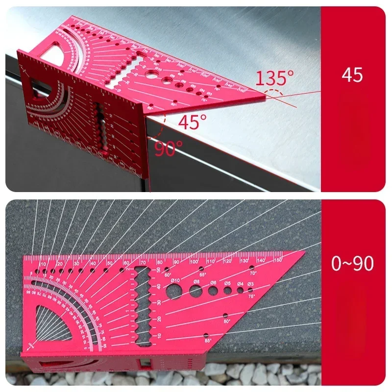 Aluminum Alloy Red Miter Triangle Ruler 45°/90° Woodworking Square Protractor 3D Multi Angle Measuring Protractor Locator Tools