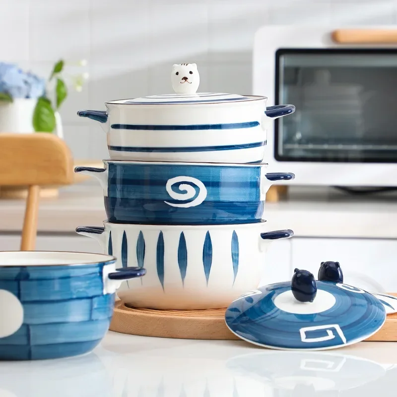 Creative Ceramic Noodle Bowl with Lid Hand-painted Soup Bowl Double Ear Anti-scalding Tableware Pot Dessert Fruit Kitchen Tool