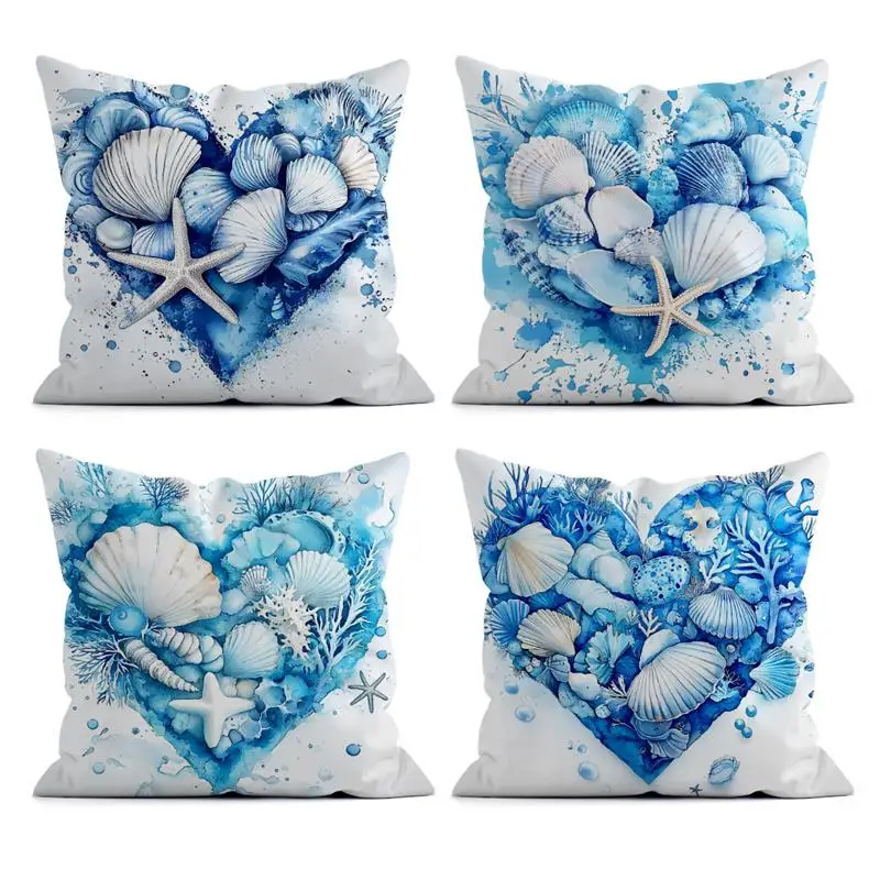 Seashells and Starfish Heart-Shaped Double-sided Printed pillow cover Short plush Suitable living room sofas throw cushion cover