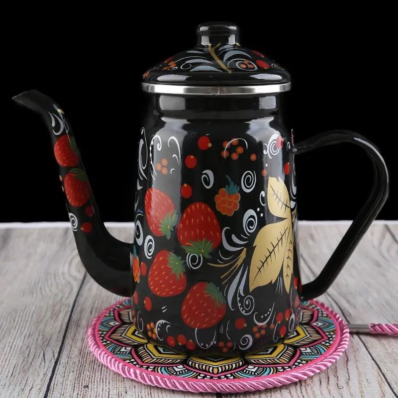 1.2L Heatable Enamel Pot Household Teapot Coffee Pot Fruit Teapot Ethnic Style Kitchen Restaurant Enamel Cup