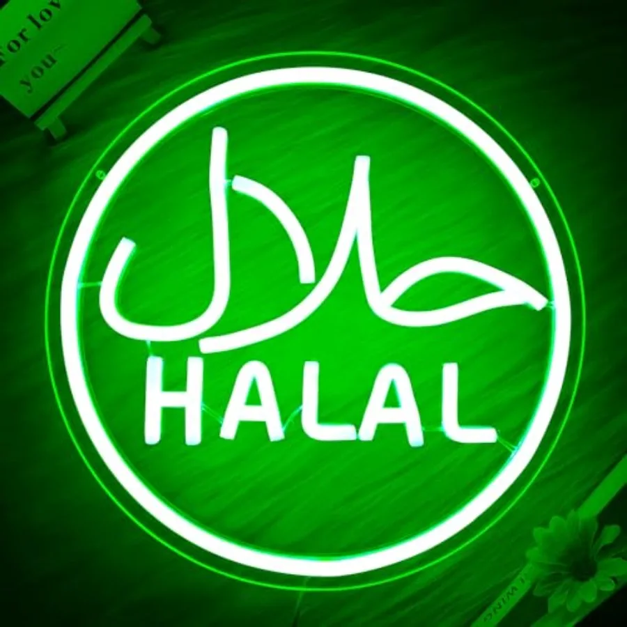 Halal Neon Signs for Wall Decor Dimmable Led Green Restaurant Neon Light Signs for Beef Chicken Candy Snack, Halal Hanging Door