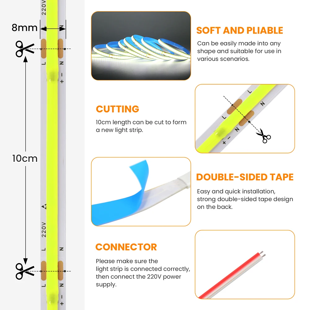 220V COB LED Strip Light Red Green Ice Blue Pink Warm White Purple 5m 10m 15m 20m 240LED Flexible Adhesive Tape 8MM PCB Lighting