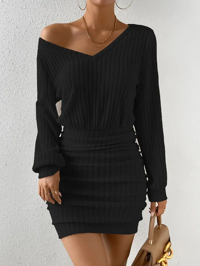 Frauen Herbst Winter Gestrickte Pullover Mini Kleid Weibliche Casual Solide Wrap V-ausschnitt Langarm Warme Bodycon Kurze Kleider Robe – Detail 9